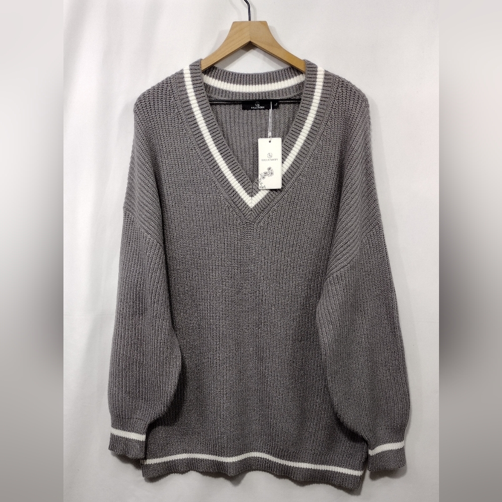 NWT Lulusory Ribbed V-Neck Sweater Women's L Gray Preppy Academia Retro 90s